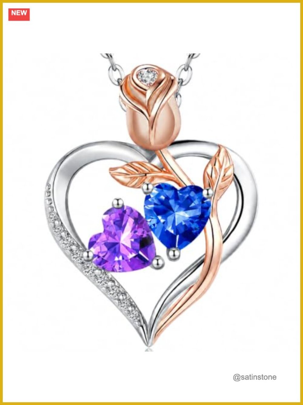 18K White Gold Plated Heart Necklace with Dual Birthstones I Love You